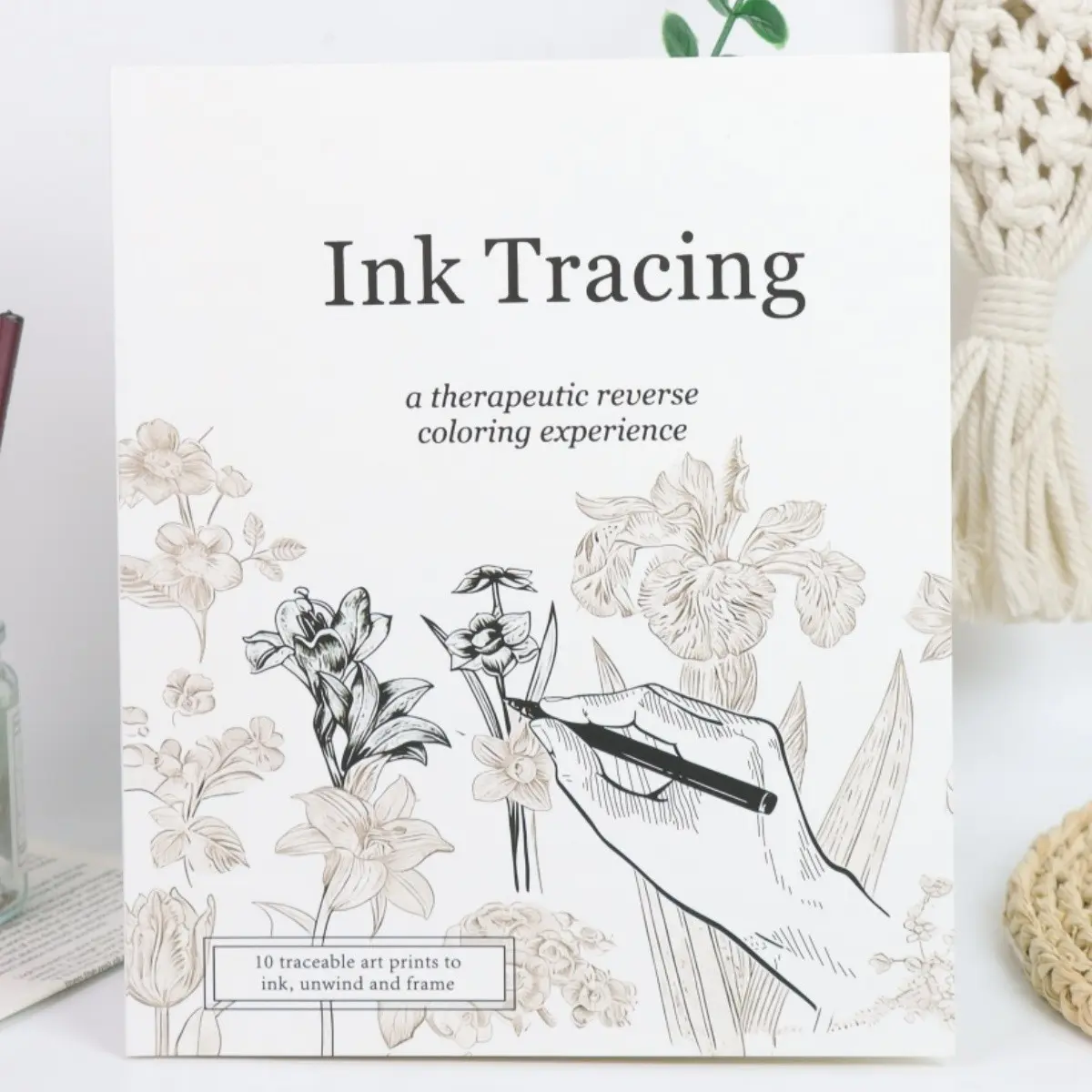 Stress Relief Reverse Coloring & Ink Tracing Book for Adults, 10 Floral Line Art Prints, Therapeutic Creative Activity, Perfect Gift