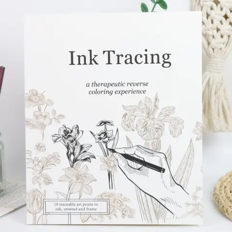 Stress Relief Relaxation Reverse Coloring & Ink Tracing Book for Adults, 10 Floral Line Art Prints, Therapeutic Creative Activity, Perfect Gift