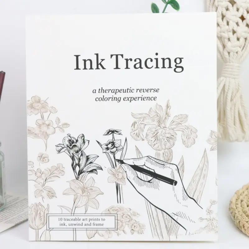 Stress Relief Relaxation Reverse Coloring & Ink Tracing Book for Adults, 10 Floral Line Art Prints, Therapeutic Creative Activity, Perfect Gift