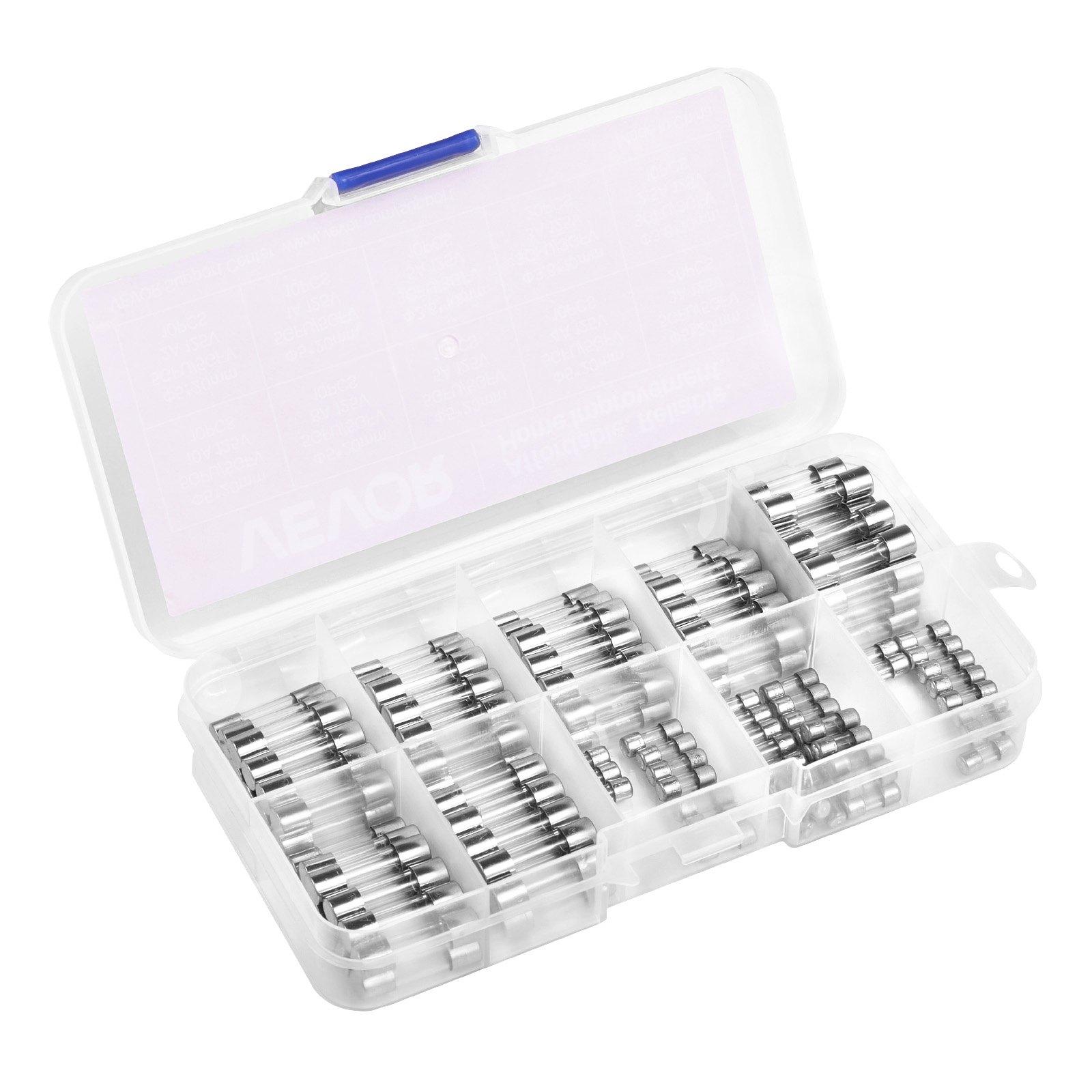 VEVOR Fast-Blow Glass Fuses Assortment Kit, 120 Pcs 125 Volt, 5 x 20 mm 1A 2A 3A 4A 5A 8A 10A, 3.6 x 10 mm 2.5A 3A 5A Tube Fuses, Suitable for Electrical Boxes, LED Strips, Electronics, Appliances