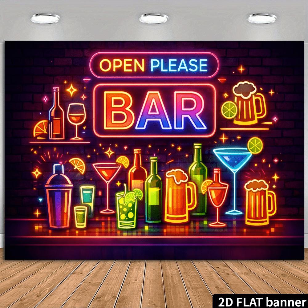 2D Flat Neon Bar Themed Backdrop with "OPEN PLEASE BAR" Style, Featuring Bartender Tools, Beer Mugs, and Cocktail Elements. Made of Durable, No Power Supply Needed. Suitable for Bar Decor, Party Setup, and P