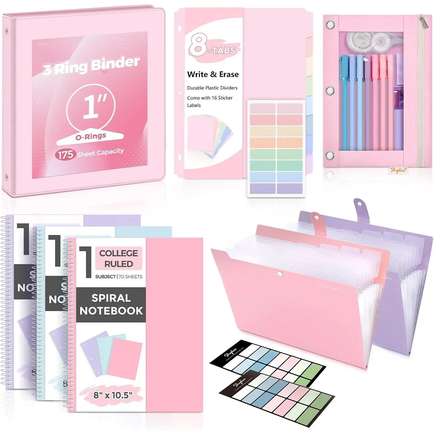 Cute Stationery School Supplies Set - Includes Binder (1" 3-Ring), 2 Expanding Folders, 3 Spiral Notebooks, 8 Tab Dividers, Pencil Pouch - High School & College Office Essentials