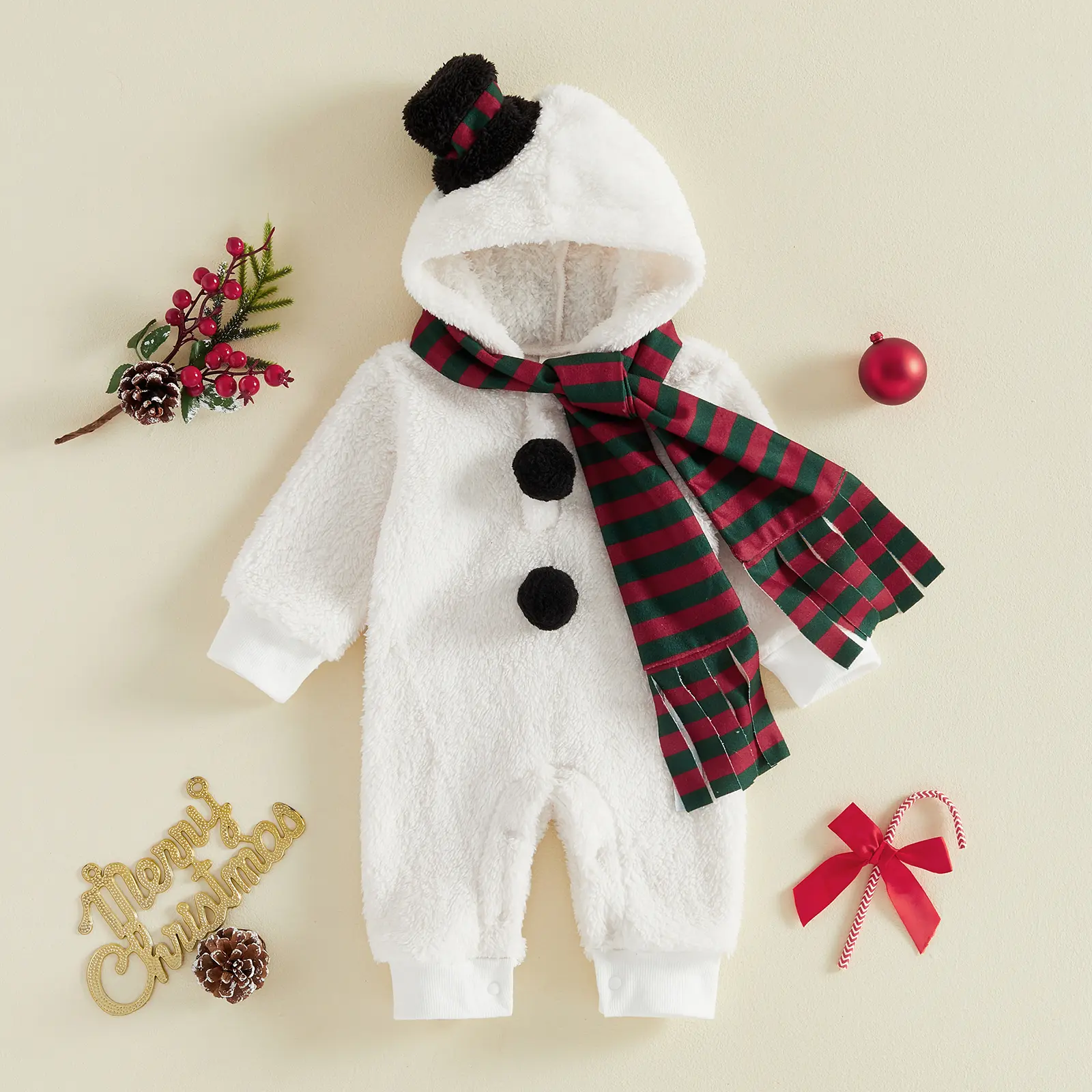 Infant Baby Boy Girl Christmas Snowman Costume Long Sleeve Hooded Jumpsuit, Striped Scarf Set Winter 0-18 Months