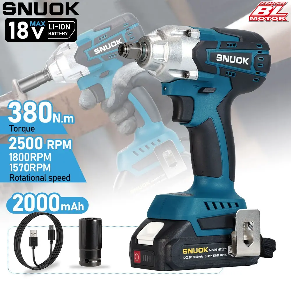 Snuok 18v Brushless Impact Wrench, 2000mah Type C Battery Kit, Ideal for Car Tire Removal, Heavy Machinery Bolts, Steel Structure Installation