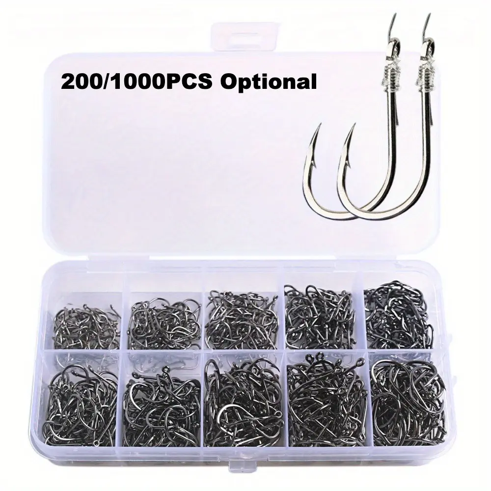 200pcs/1000pcs High-Quality Carbon Steel Barbed Fishing Hooks Set, Strong Sharp Fish Hook with Barbs, Portable Plastic Box Included, Fishing Gear
