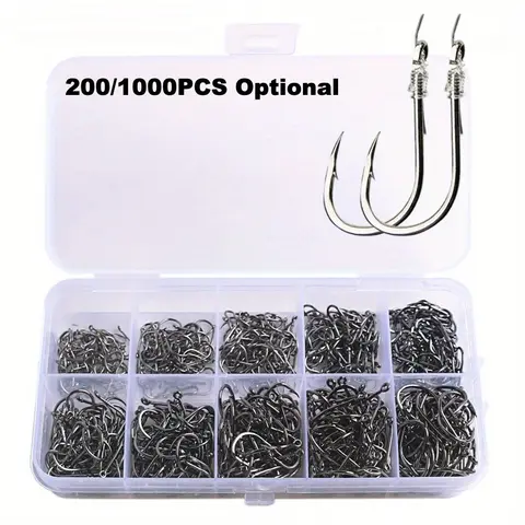 200pcs/1000pcs High-Quality Carbon Steel Barbed Fishing Hooks Set, Strong Sharp Fish Hook with Barbs, Portable Plastic Box Included