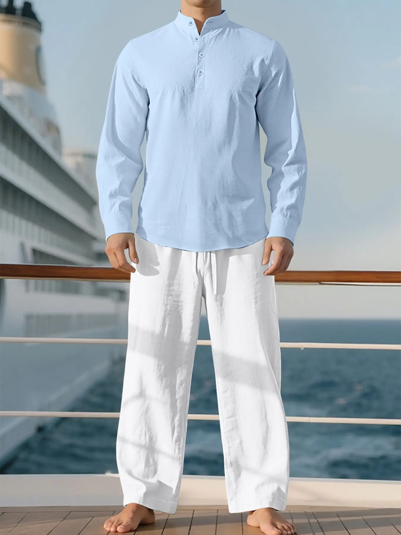 Men's loose casual solid-colored linen two-piece set, Long sleeve, loose-fit Henry collar shirt, drawstring waist wide-leg pants