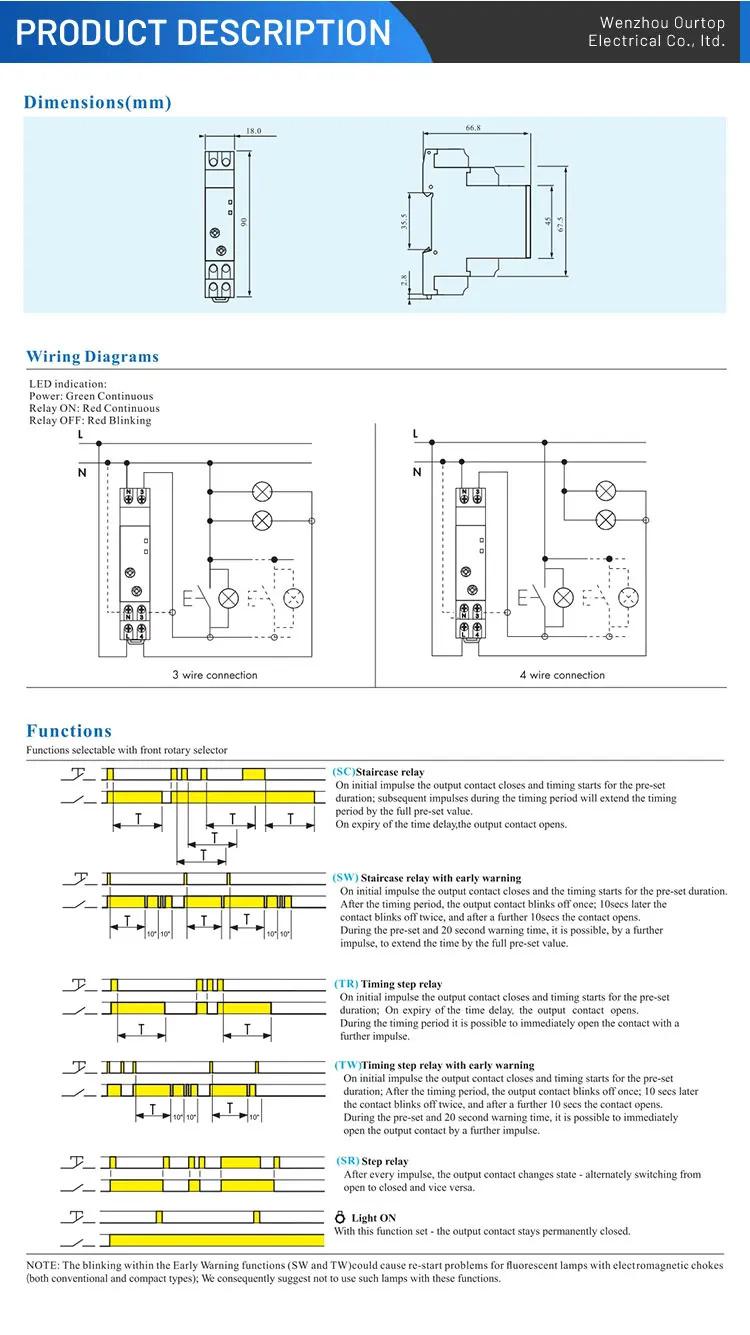 ATS16 Electronic Staircase Timer Ourtop 16A Multi-function time setting from 30 seconds to 20 minutes
