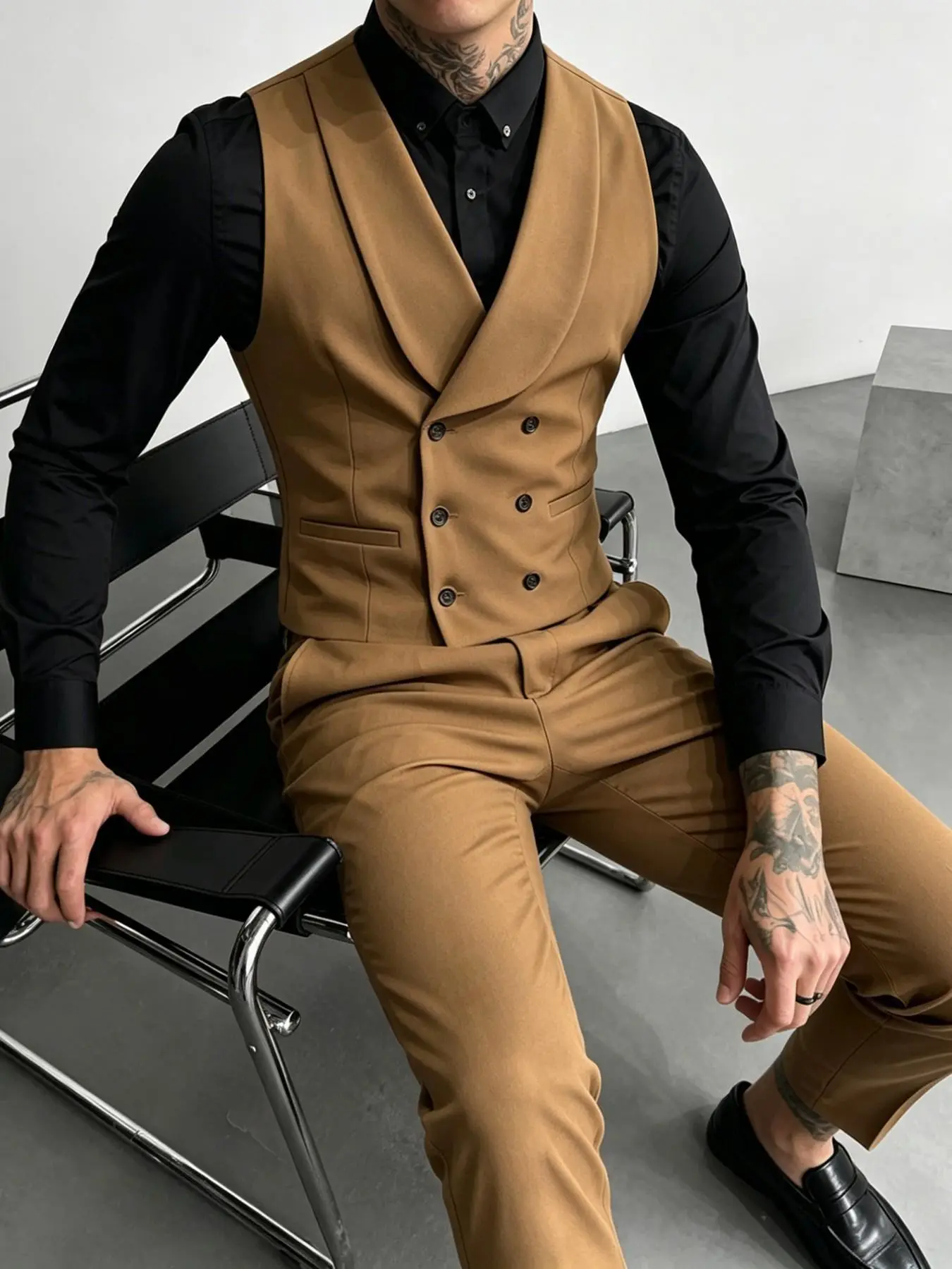 Men's Caramel Plain Blazer and Pants Set, Formal Suit Ensemble, Slim-Fit Formal Wear, Wrinkle-Resistant Fabric, Business and Casual, Business Attire Clothes, Luxury Style Suit, Vest
