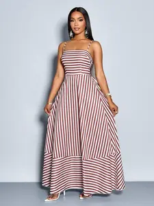 Women's Flowy Striped Long Dress with Straps, Pockets, Chest Ruching, Perfect for Vacation, Beach, Commute, Casual Wear, Elegant Floral Pattern