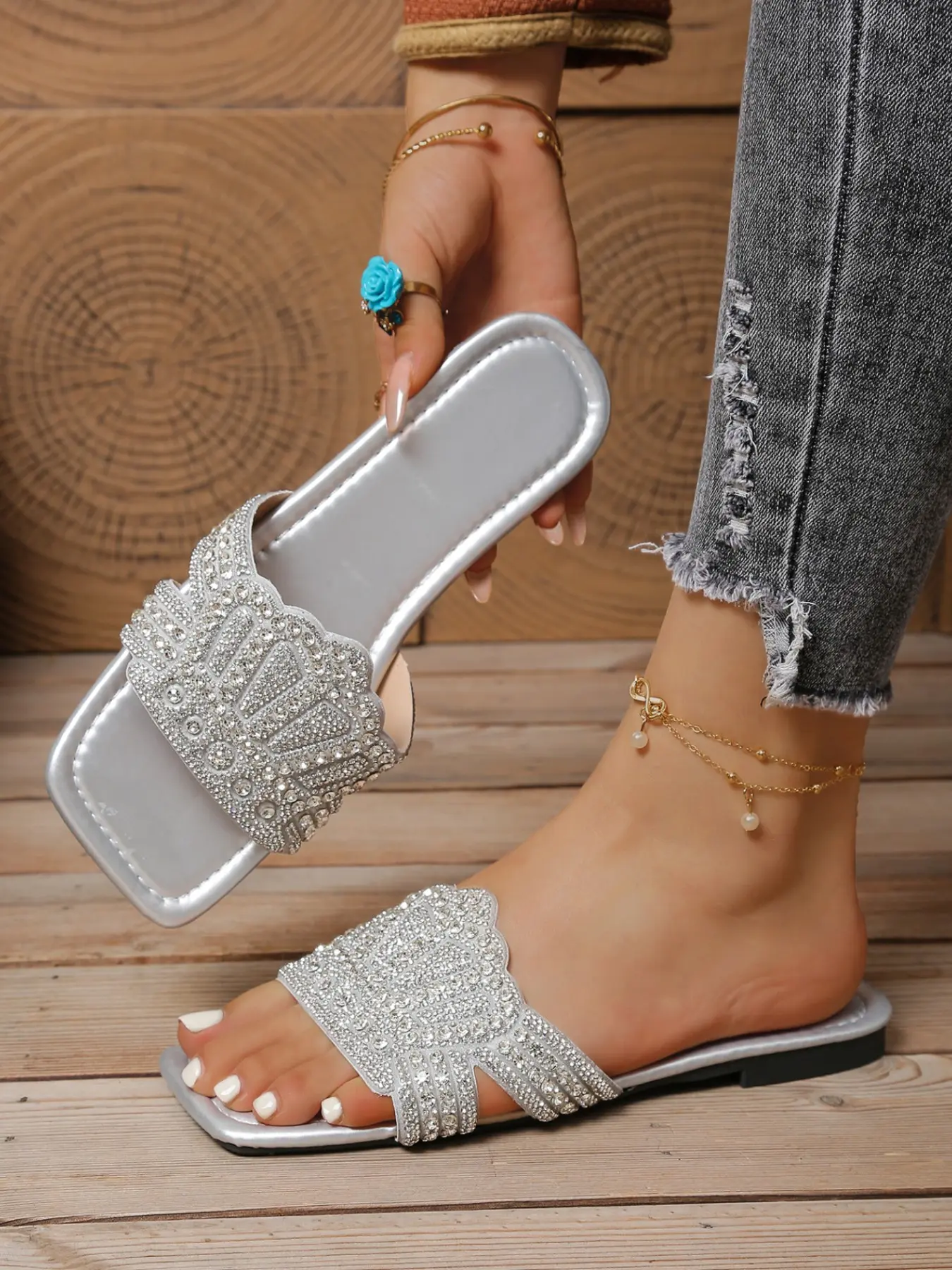 Women's Butterfly Rhinestone Sandals, Elegant PU Leather, Anti-Slip Rubber Sole, Perfect for Beach, Shopping, Dating, Summer Fashion