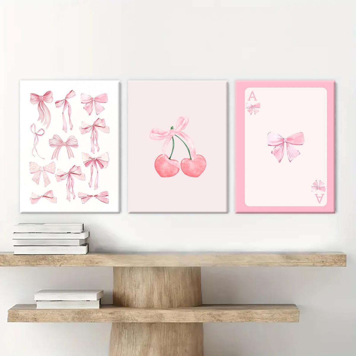 Wooden Framed Canvas Painting, 3 Counts/set Cute Bow Pattern Artistic Wall Art for Girl, Wall Decor for Home Living Room Bedroom Office