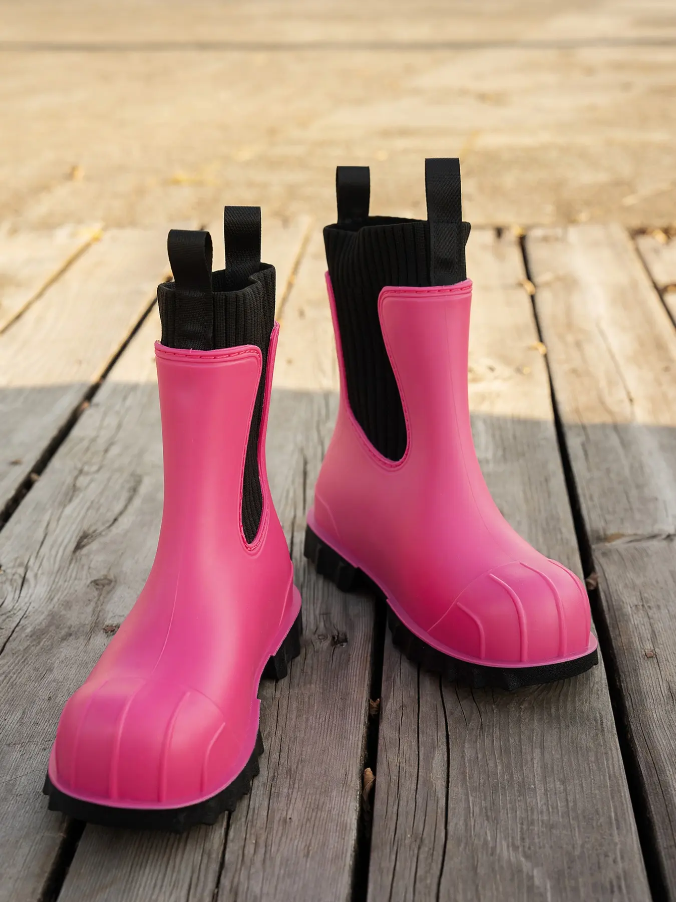 Women's Knit Patchwork Waterproof Rain Boots, New Fashion Round Toe Outdoor Shoes, Chelsea Short Tube Anti-Slip Rain Shoes, Footwear, Suitable for Women and Girls