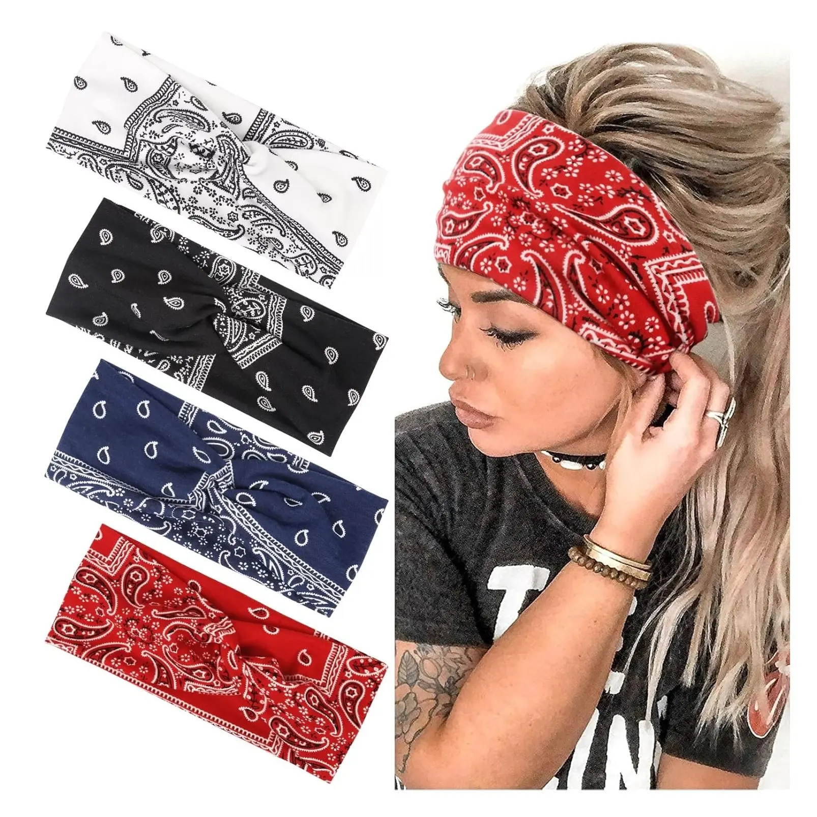 Elastic Knotted Headbands for Women Non-Slip Turban Headband Printed Stylish Sport Sweat Hair Wrap Cute Hair Accessories for Girls 4PCS