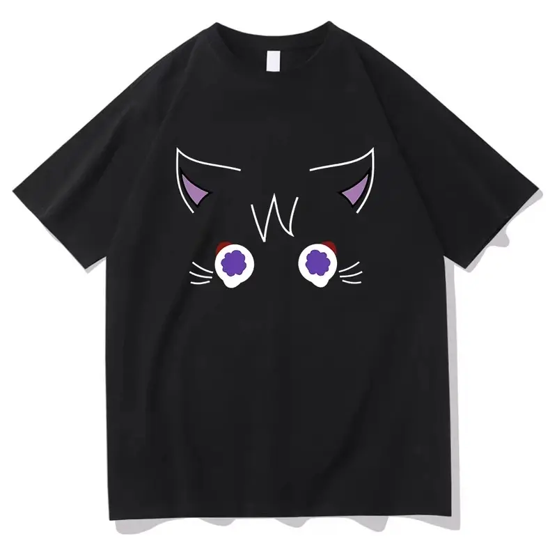 Genshin Impact Scaramouche Cat Graphic T-Shirt, Men's Short-Sleeve Round Neck Top, Cute Preppy Plant Print All-Seasons Unisex Harajuku Fashion Vintage Clothing