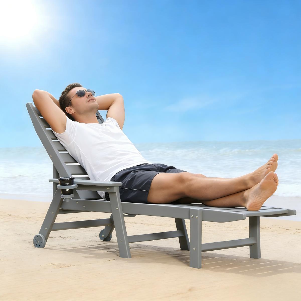 HDPE Chaise Lounge Chair Outdoor, Pool Lounge Chair with 4-Position Adjustable Backrest, Supports 360 LBS for Patio Poolside Deck Beach