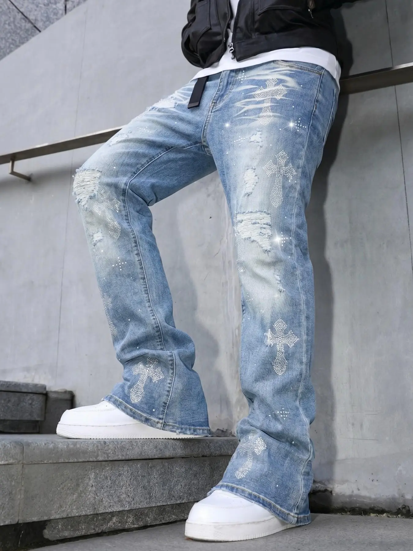 Men's Elastic Cross Rhinestone Jeans, Loose-Fitting Street Style, All-Season Wear, Random Print, Plain Surface, 88.2g/m²