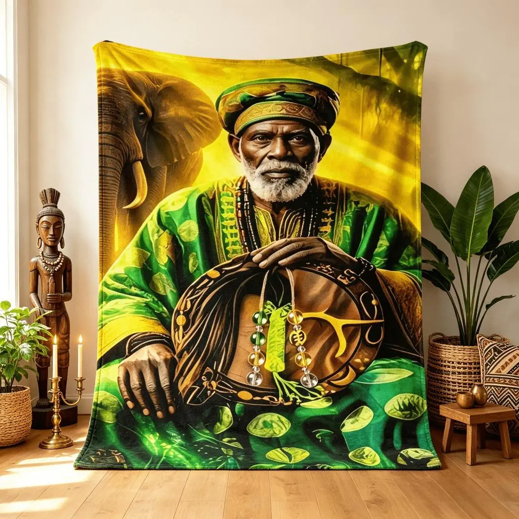 Orunmila Obatala African Culture Inspired Printed Flannel Blanket, Elephant Pattern Lightweight Soft Throw Blanket for Couch Bed, Cultural Home Decor Gift for Adults Kids, African Style Blankets Bedding