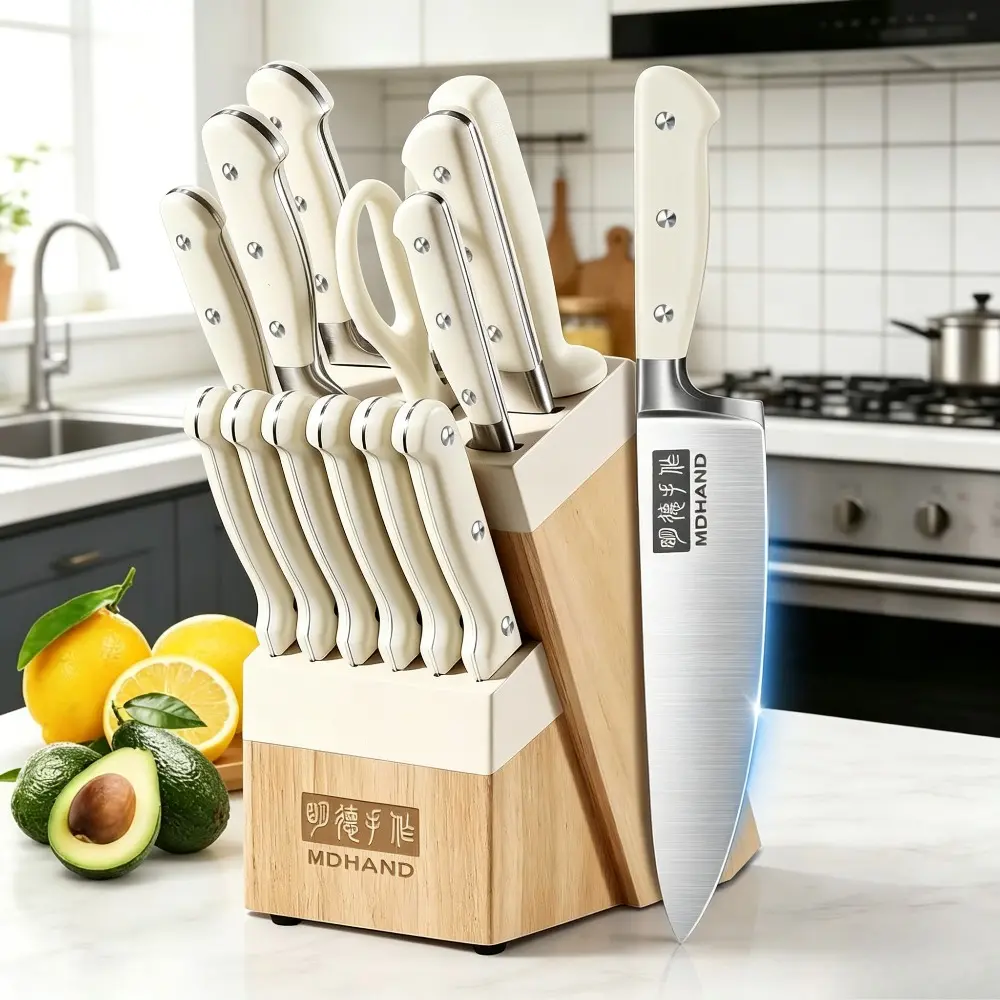14 Pieces Kitchen Knife Set with Block, MDHAND High Carbon Stainless Steel Knife Set with Sharpener, Razor Sharp Chef Knives Set with Anti-Slip Ergonomic Handle, Dishwasher Safe
