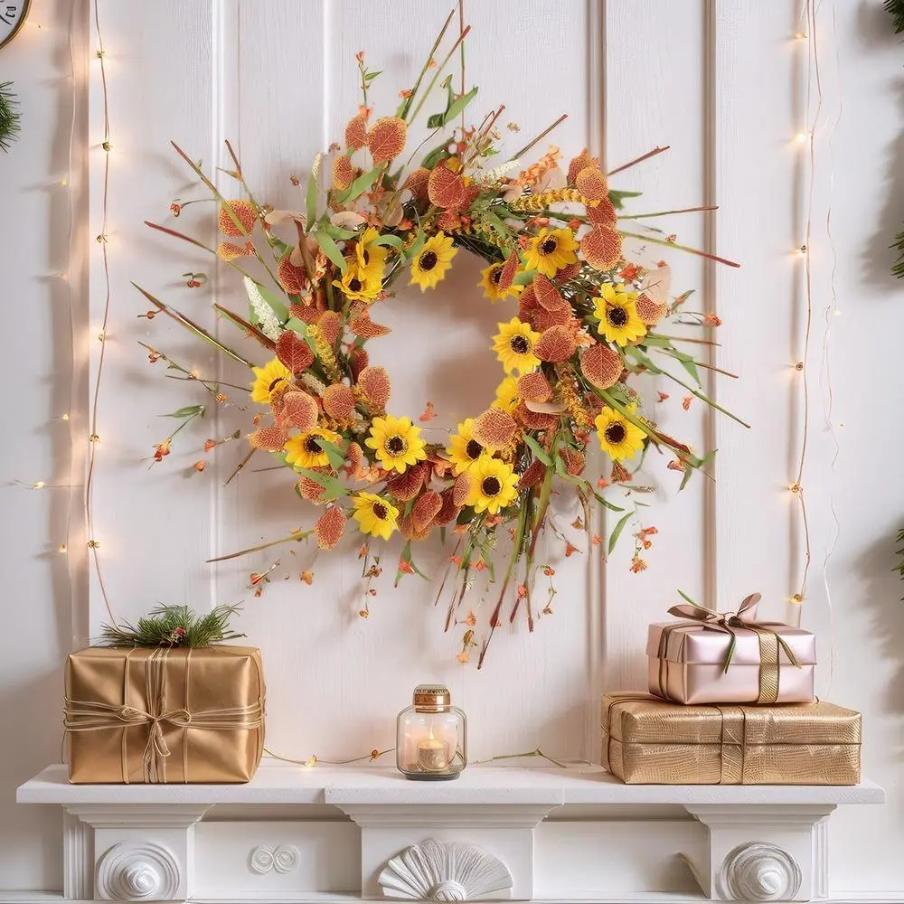 Thanksgiving Sunflower Wreath Fall Artificial Autumn Wreath with Orange Red Veined Leaves Wheat Stalks Yellow Flowers for Front Door Farmhouse Wall Decor