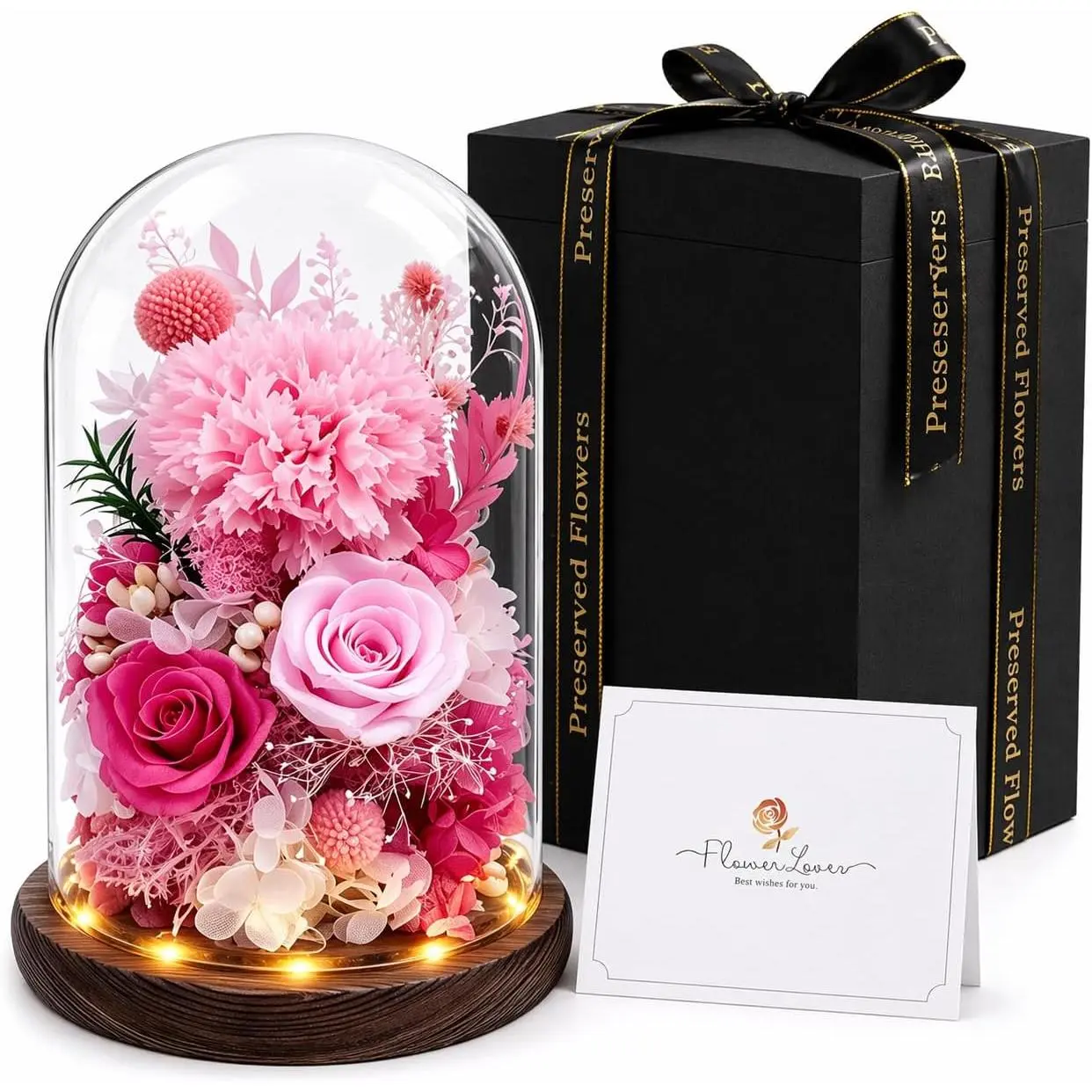 Preserved Flowers in Glass, Preserved Rose with 1 Carnation & 2 Pink Roses Luxury Eternal Flower Gift for Grandma Wife Her Forever Flowers for Anniversary Birthday Lasts 3-5 Years