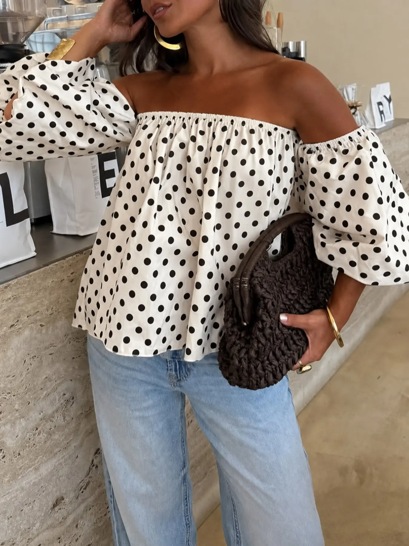 European Style Chic Polka Dot Print Off-Shoulder Bubble Sleeve Crop Top, Loose Fit Summer Casual Blouse Shirts
