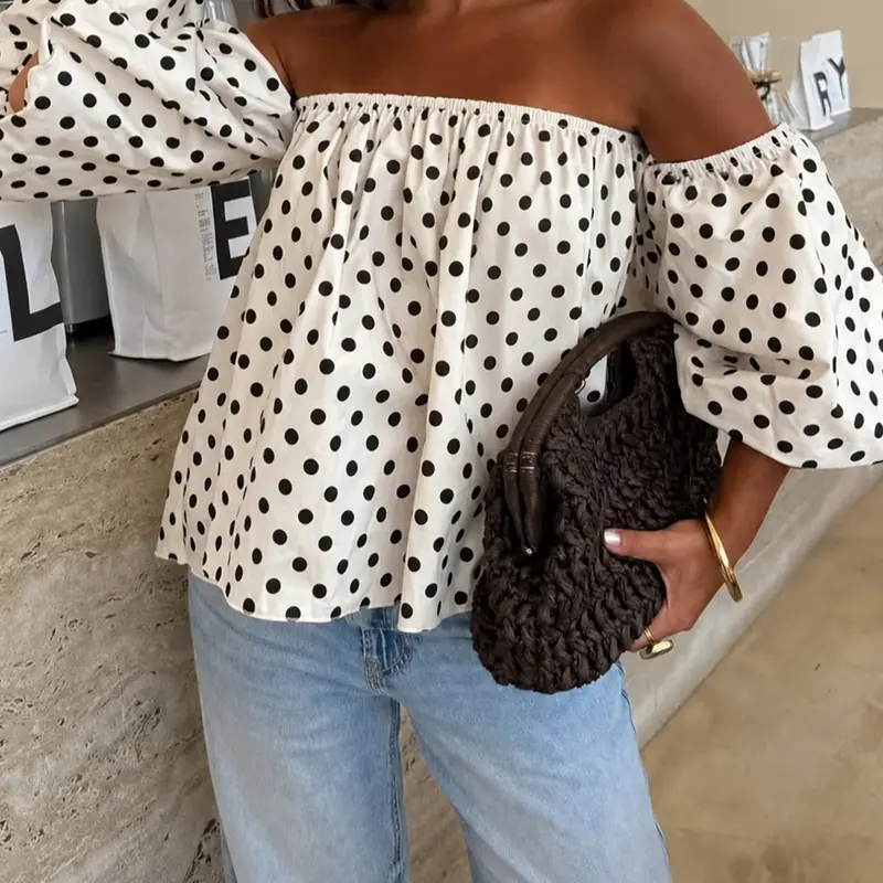 European Style Chic Polka Dot Print Off-Shoulder Bubble Sleeve Crop Top, Loose Fit Summer Casual Blouse Shirts