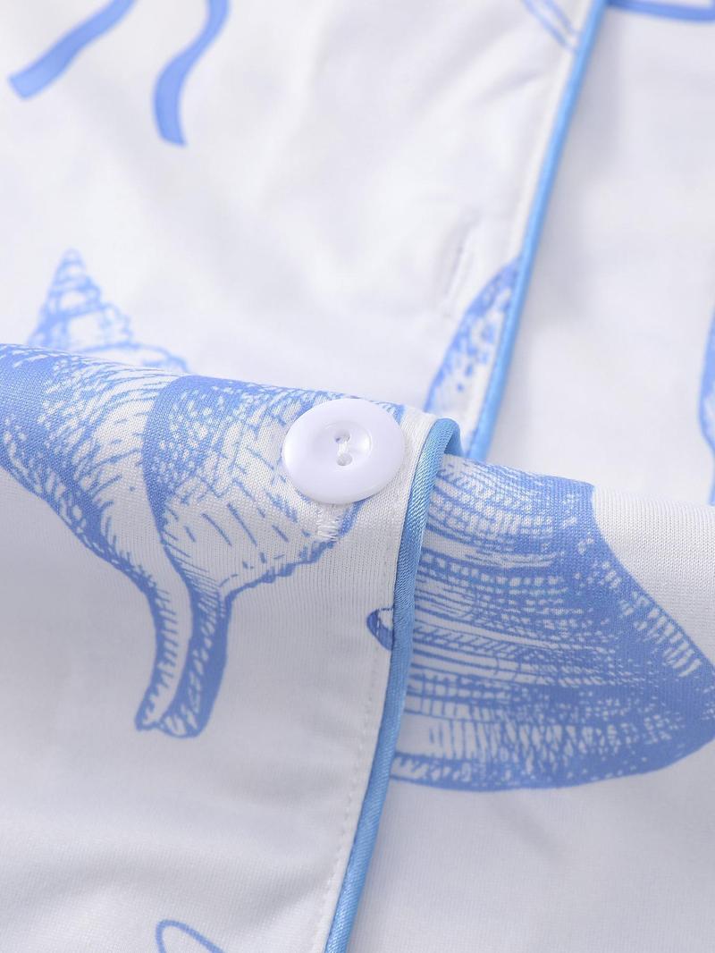 Women's All Over Print Button Front Top & Elastic Waist Shorts Pyjama Two-piece Set, Casual Comfy Short Sleeve Top & Shorts Pj Set, Ladies Sleepwear & Loungewear for All Seasons