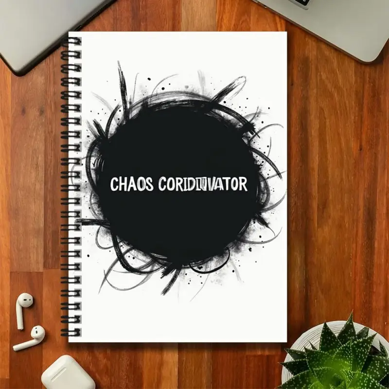 A unique artistic spiral-bound notebook, featuring a cover with black ink splatter circles and the words "CHAOS CORIDINATOR," showcasing its distinctive style. Suitable for work records, study notes, diary writing, etc., it is also an excellent gift choic