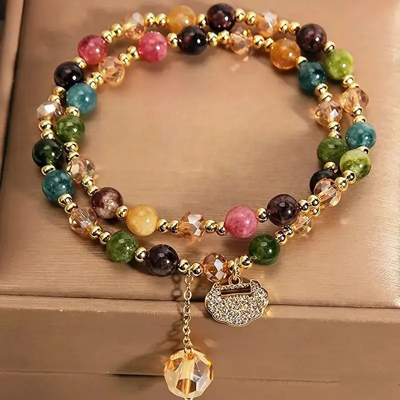 Double-Strand Crystal Accents Bracelet with Multicolor Rainbow Tourmaline Beads, Vintage Alloy Lock Charm Jewelry for Daily Wear (Wearable Accessory for Smart Devices), Multicolor Beads