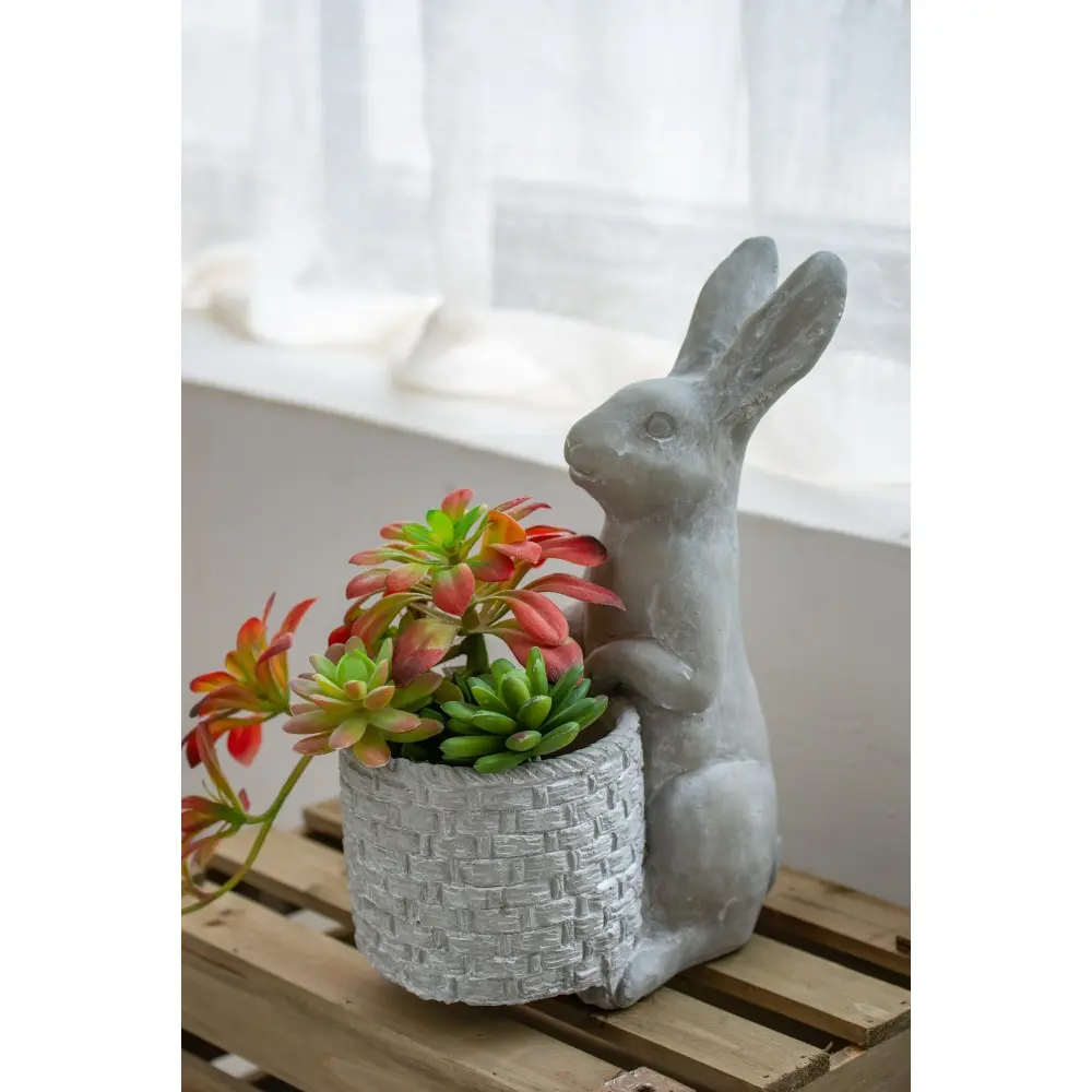 9x5.5x12.5" Gray Cement Rabbit Planter, Cute Bunny Animal Garden Statue Flower Pot, Outdoor Indoor Decorative Planter for Succulents, Herbs, Flowers, Patio, Yard, Home Garden Decor, Durable Concrete Rabbit Plant Pot Gift for Plant Lovers