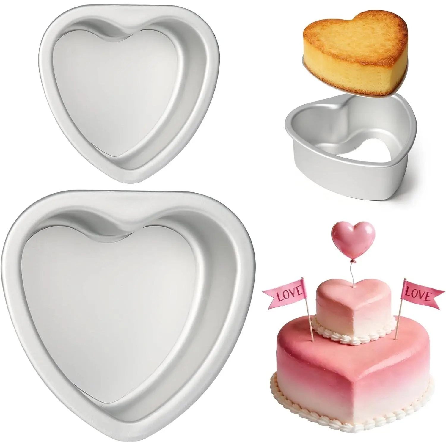 Heart 4+6-Inch Cake Tin Set with Removable Base (Set of 2), Synthetic Baking Mold for Birthdays, Romantic Desserts & Fruits, Kitchen Bakeware