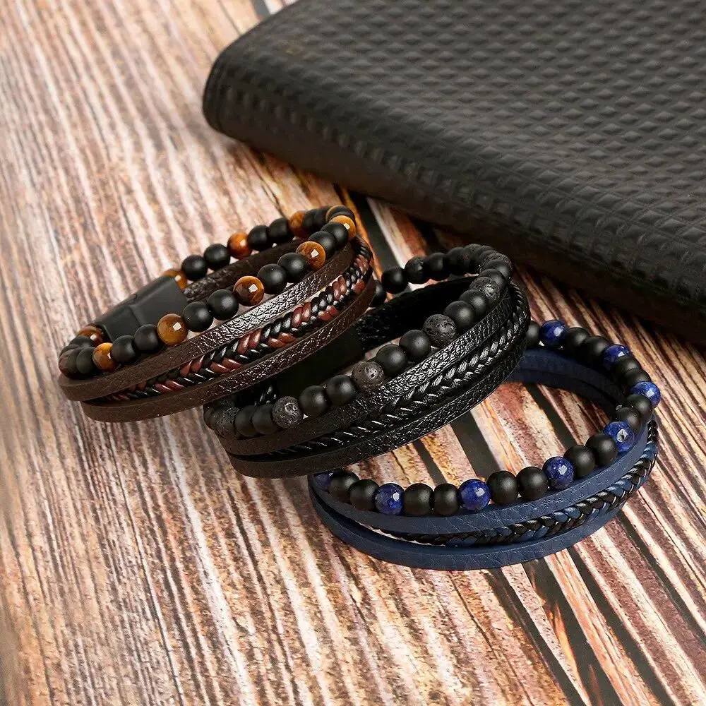 Men's 3pcs Classic Style Beaded Leather Wrap Bracelets - Multi-Layer Wrap Pattern, Tiger Eye Beads, Adjustable Size Wrist Jewelry for Adult Daily Outfits & Holiday Gifts