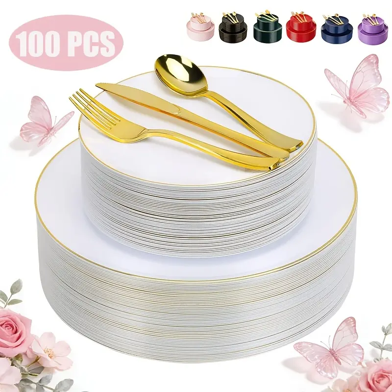 100-piece set of premium gold-rimmed disposable plastic tableware, available in various colors, includes 20 dinner plates, 20 dessert plates, 20 knives, 20 forks, and 20 spoons, making it an ideal choice for weddings, birthdays, parties, and holiday gathe