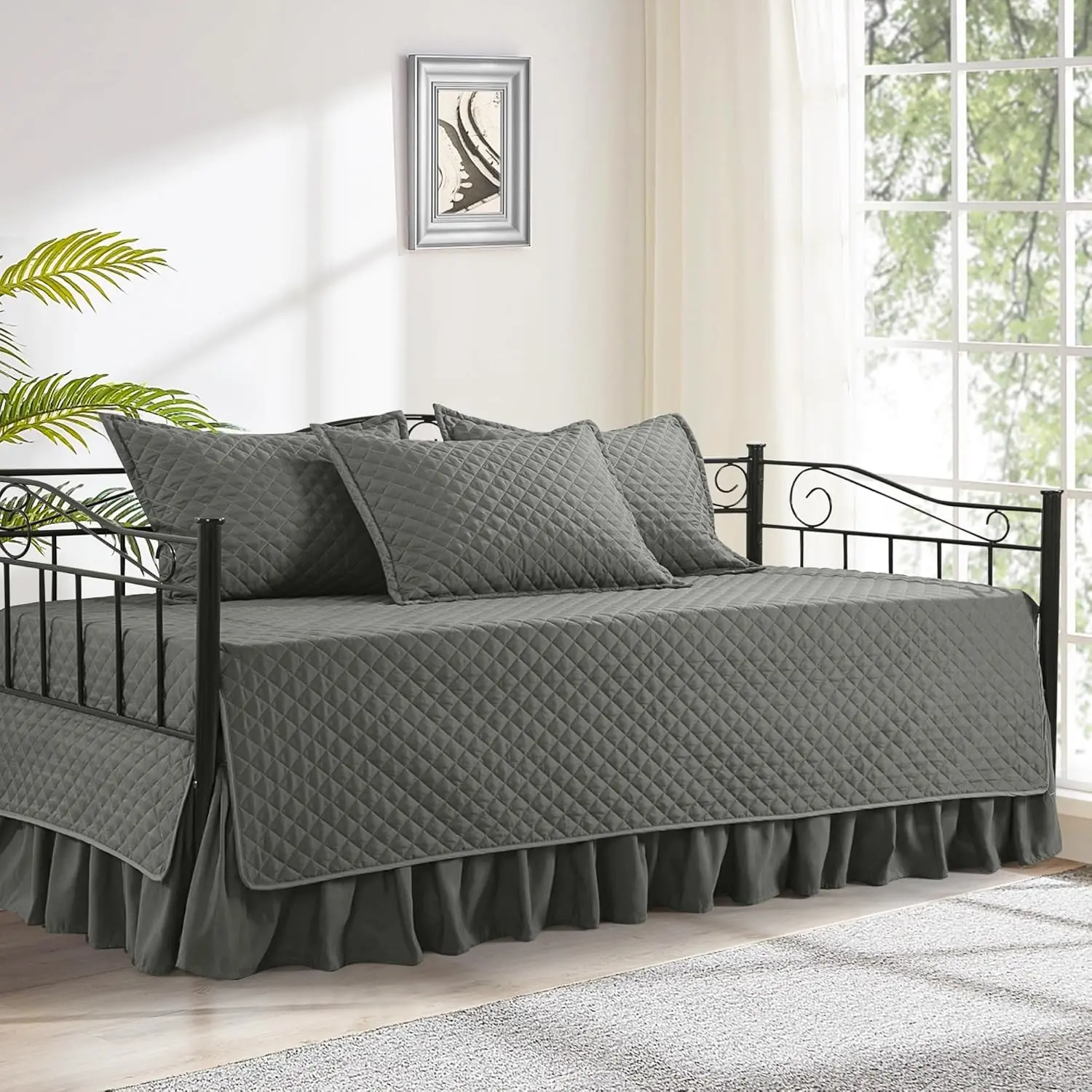 Daybed Cover Sets Diamond Stitching Daybed Bedding Set All Season Cozy Bedding with Bedskirt and Shams Microfiber Filling 5 Pieces Dark Grey
