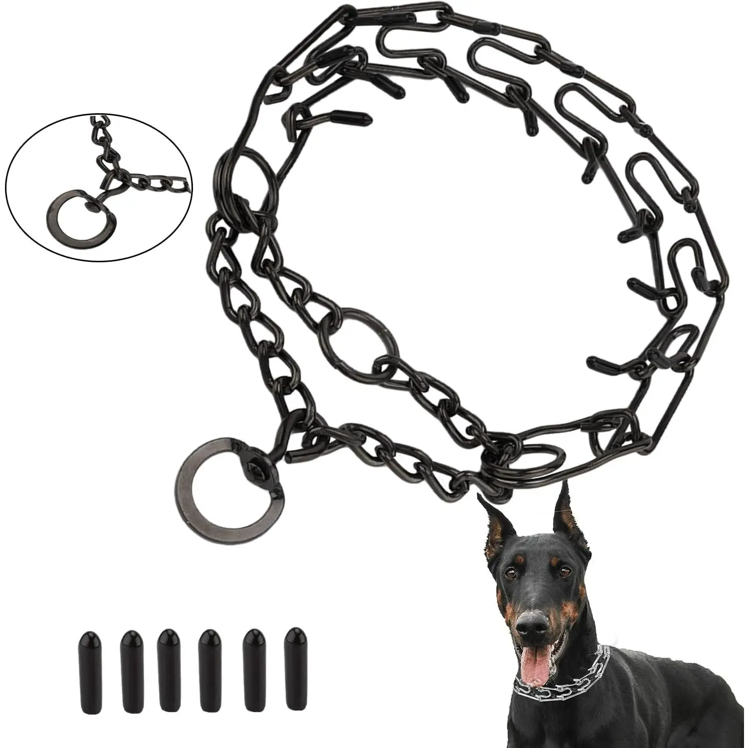 Adjustable Dog Prong Training Choke Chain Pinch Collar Links with Comfort Rubber Tips and Quick Release Snap Buckle for Small Medium Large Dogs(Black-XL)