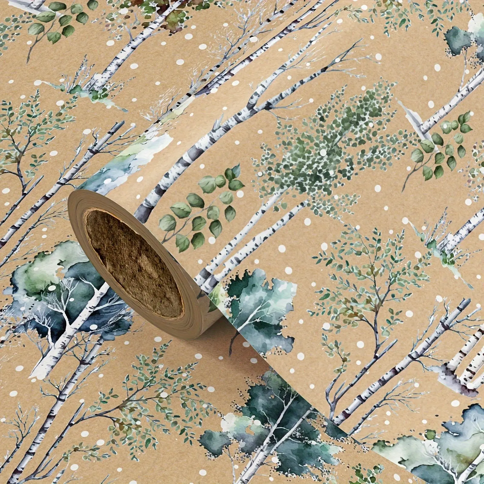 1 Roll Kraft Birch Tree Gift Wrapping Paper, Watercolor Winter Birch Tree & Snow Print Gift Wrap Roll for Christmas Holiday, Party, DIY Craft Decor, 43.2cm x 500cm