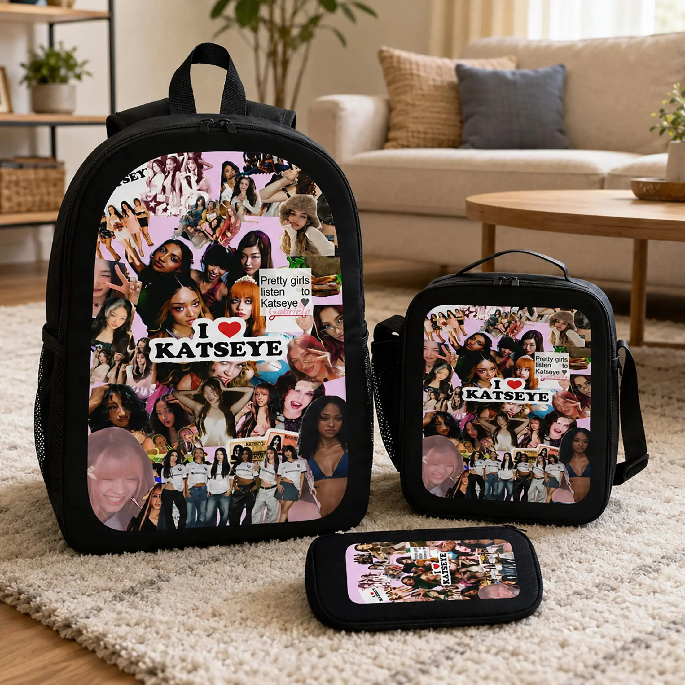 Backpack Set School Backpack Lunch Bag Pencil Case Kpop Merch KATSEYE Fan Gift Pop Idol Bookbag Aesthetic For Girls Boys Teens Women Students Travel School Daily Carry TikTok Viral Trending Cute Fashion Accessories Back To School Essentials