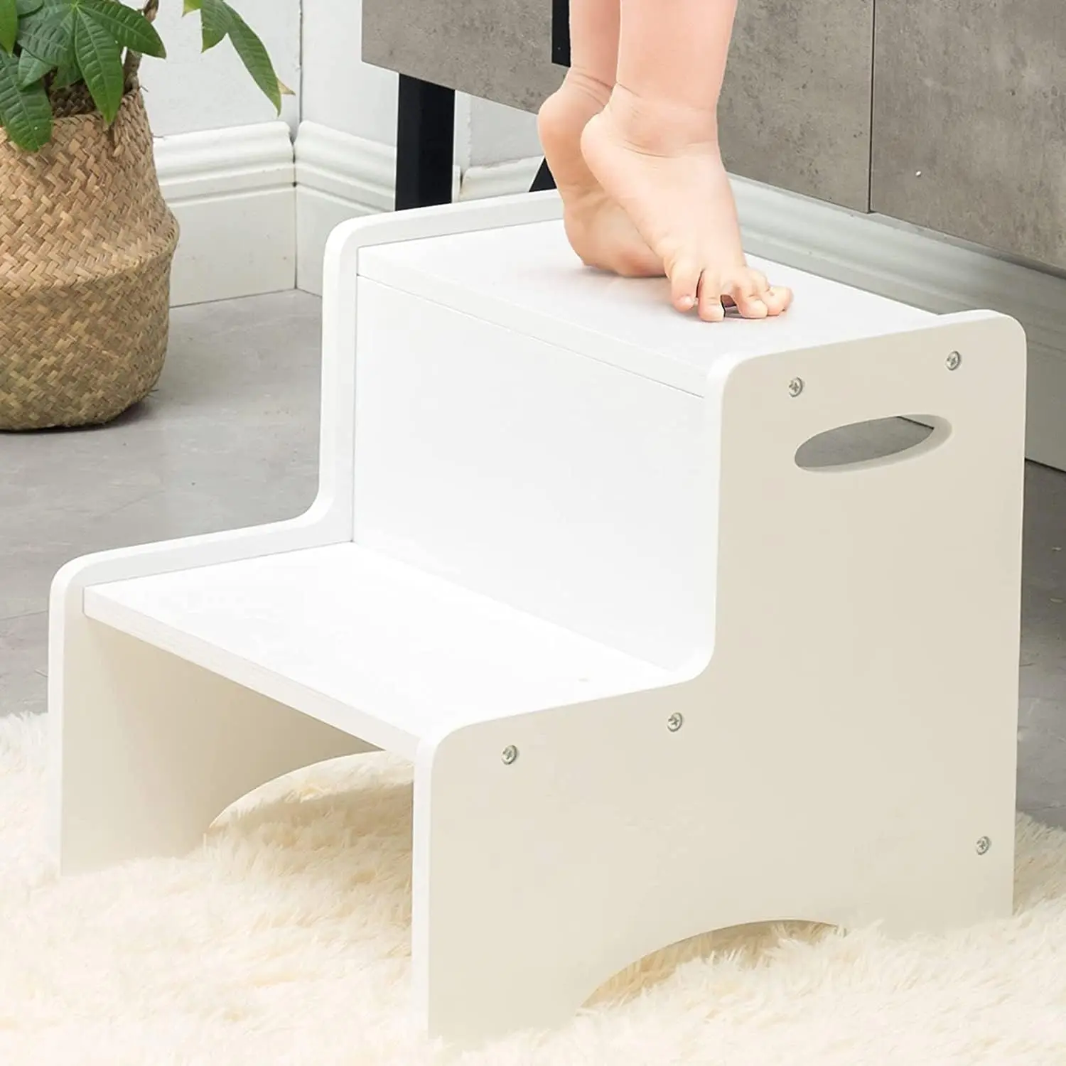 Toddler Step Stool, Wooden 2 Step Stools for Bathroom Sink Potty Training Kitchen Dual Height Stool Helper for Kids Bonus Non-Slip Pads and Handles for Safety (White)