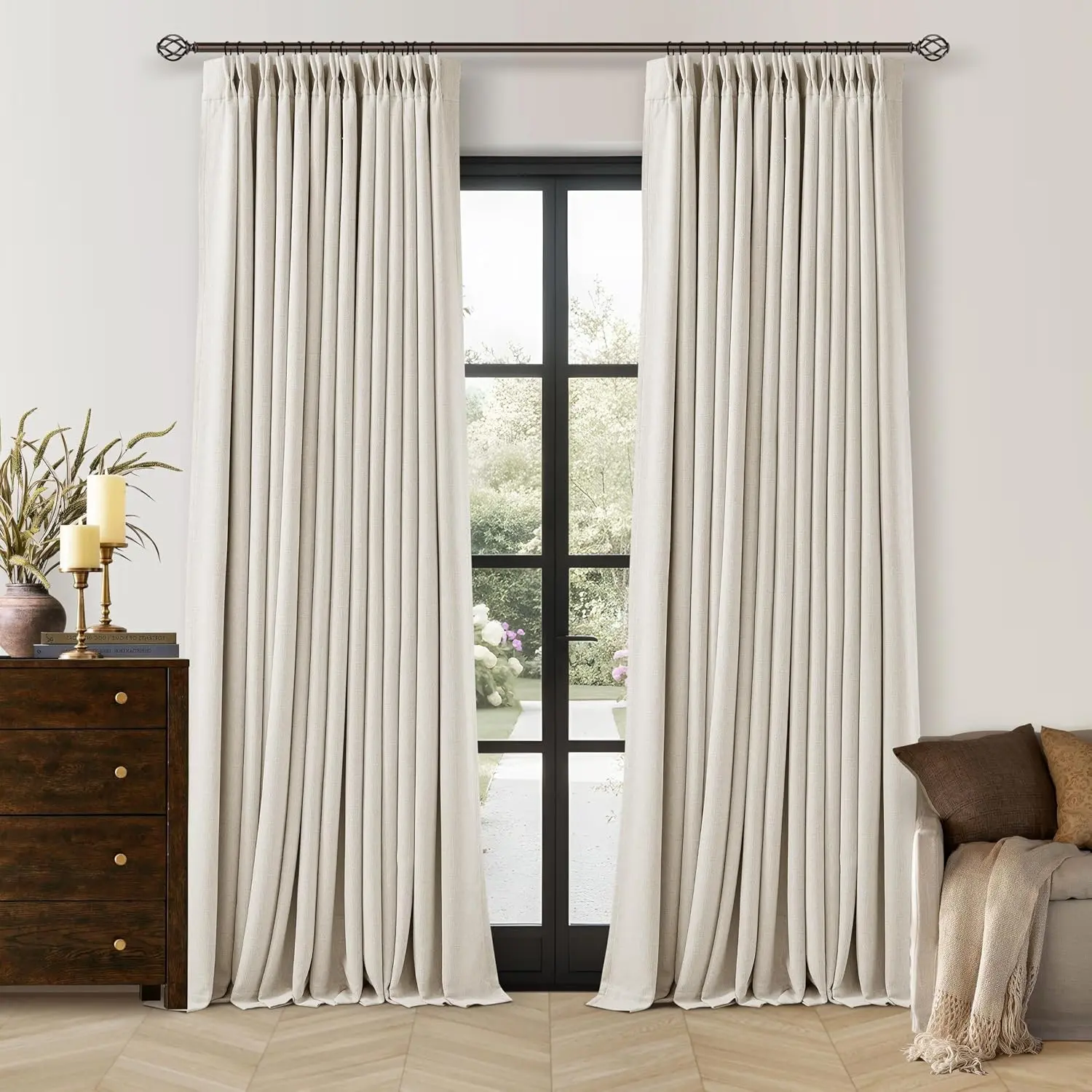 90 Inch Pinch Pleated Blackout Linen Curtains 2 Panels Natural Memory Trained, 100% Black Out Room Darkening, Soundproof, Cream Bedroom Window Curtains Double Layer, Pinch Pleat Drapes