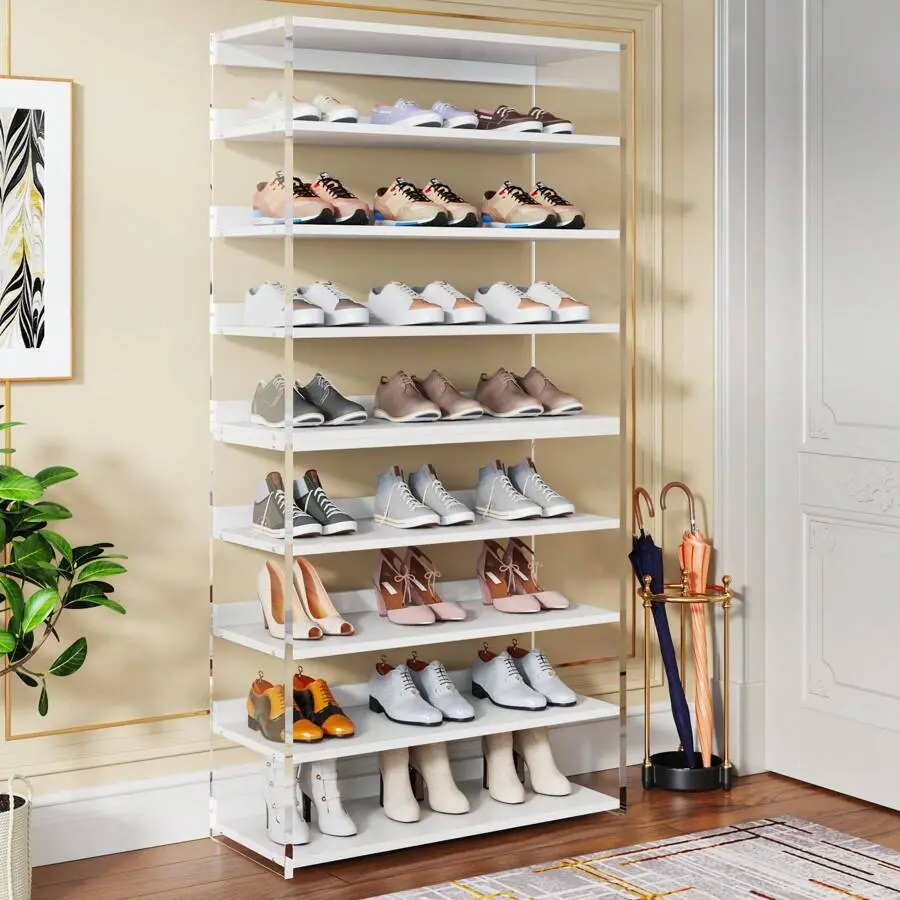 8-Tier Acrylic Shoe Rack, Modern Shoe Storage With Wood Shelves, 63" Shoe Organizer Display Shelf 24-32 Pairs, Space-Saving , White & Transparent