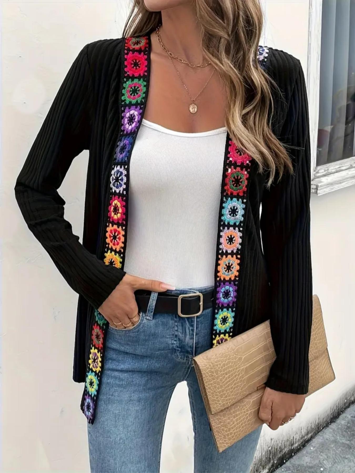 Women's Fashion Solid Color Ribbed Ethnic Patchwork Knitting Cardigan Long Sleeve Coat, Casual Fitted Knitwear for Fall Winter Daily Wear
