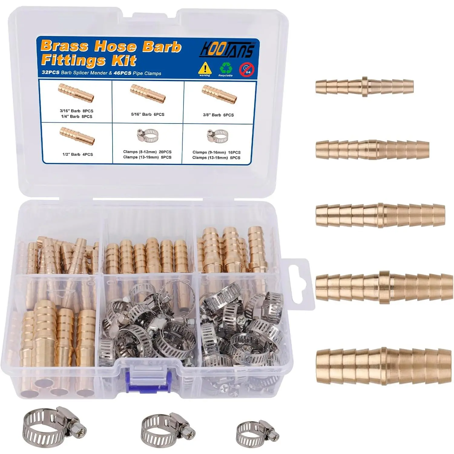 KOOTANS 32PCS Brass Hose Barb Fittings Barb Splicer Mender Hose Fittings Kit 3/16" 1/4" 5/16" 3/8" 1/2" Barbed Air Hose Fittings with 46pcs Pipe Clamps for Water Fuel Air Line Connector Fitting