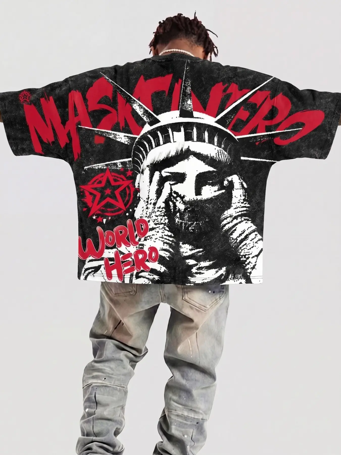 Dark Street Style Liberty Statue Print T-Shirt, Men's Washed Vintage Heavy Cotton Oversize Loose Fit, American Streetwear Graffiti Tee, Summer Breathable Casual Top, Menswear