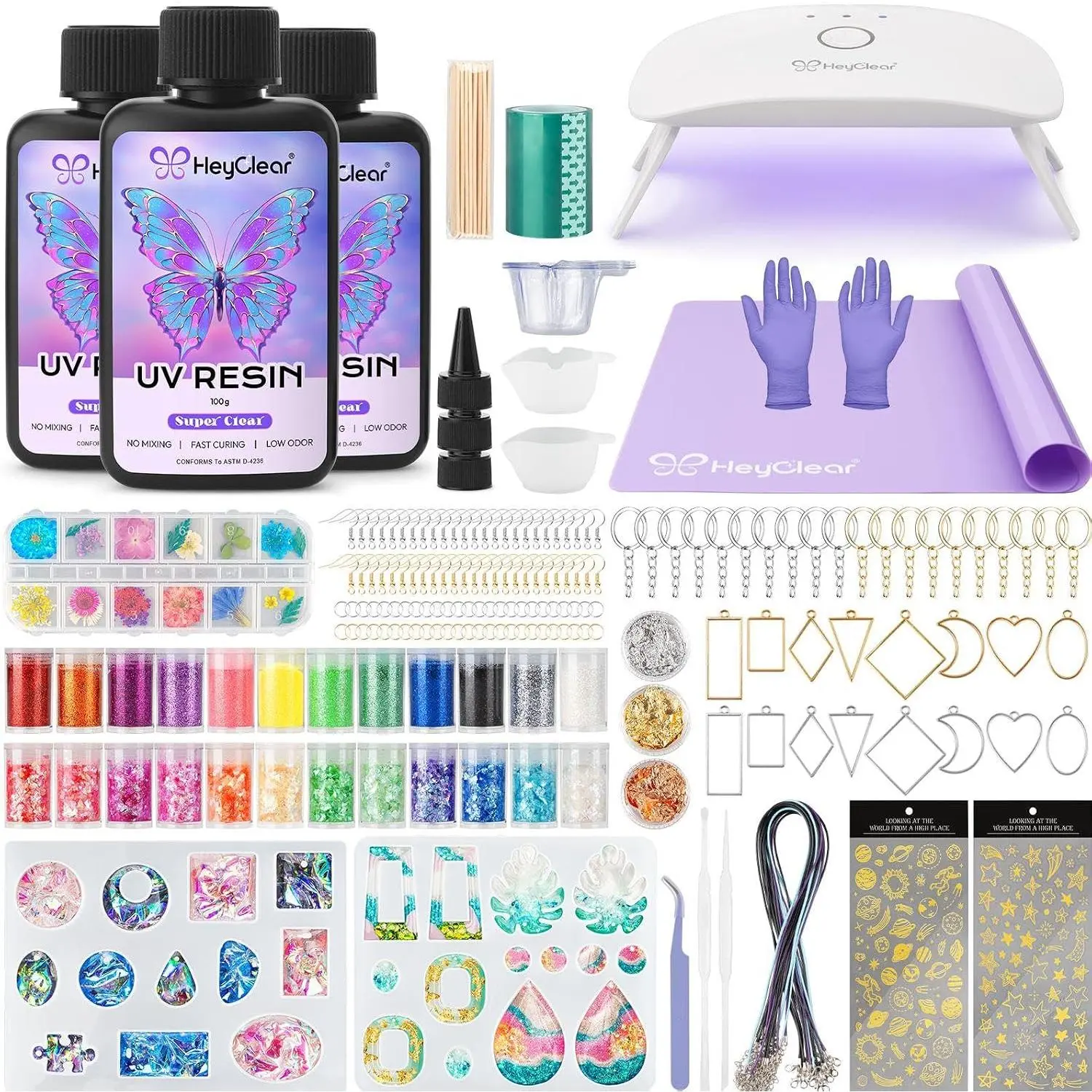 Beginner Jewelry Making Kit - 300g Hard Type UV Resin, UV Light, Mold Kits for DIY Costume Jewelry, Keychains - Super Transparent, Fast Curing, Low Odor