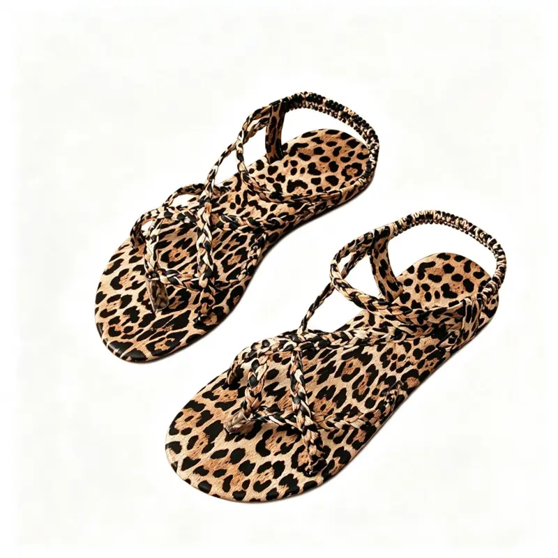 Women's Leopard Print Round Toe Flat Sandals, Classic Braided Cross-Strap Walking Shoes with Elastic Ankle Strap and Cushioned Anti-Slip Rubber Sole, Footwear, Casual Wear