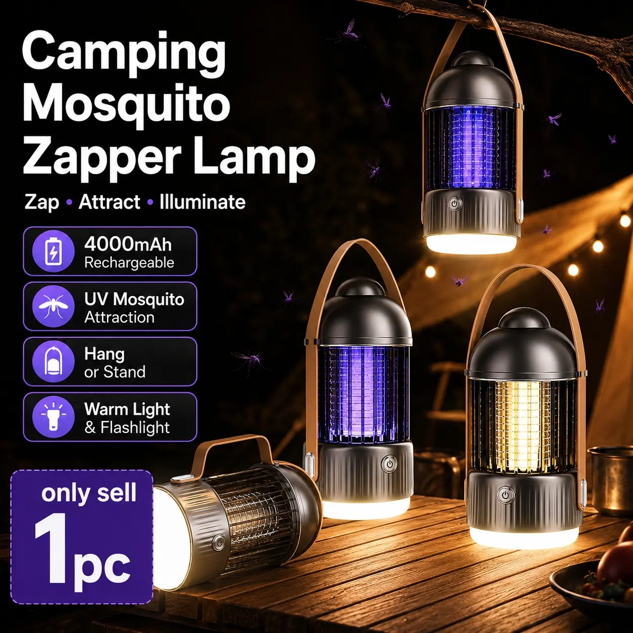 Portable Rechargeable Camping Bug Zapper Lantern 2-in-1 Mosquito Killer Lamp with LED Flashlight, 4000mAh USB Power, UV Attraction, Low-Noise Operation, Hanging Handle, 4 Light Modes for Outdoor Camping Patio Garden Yard Tent Home Use