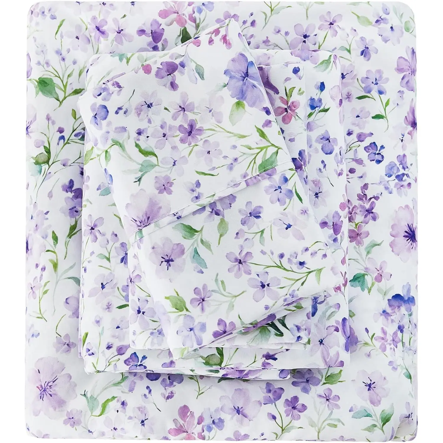 Floral Sheet Set - 4 Piece Vintage Lavender Flower and Leaves Patterned Bed Sheets - Soft, Breathable Microfiber Sheets with Deep Pocket, Fitted Sheets & Pillowcases