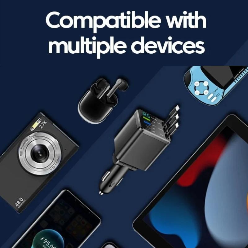 Retractable Car Charger 7 in 1 Fast Charging Car Charger Retractable Cable USB Type C Multi Ports Car Charger Adapter Compatible