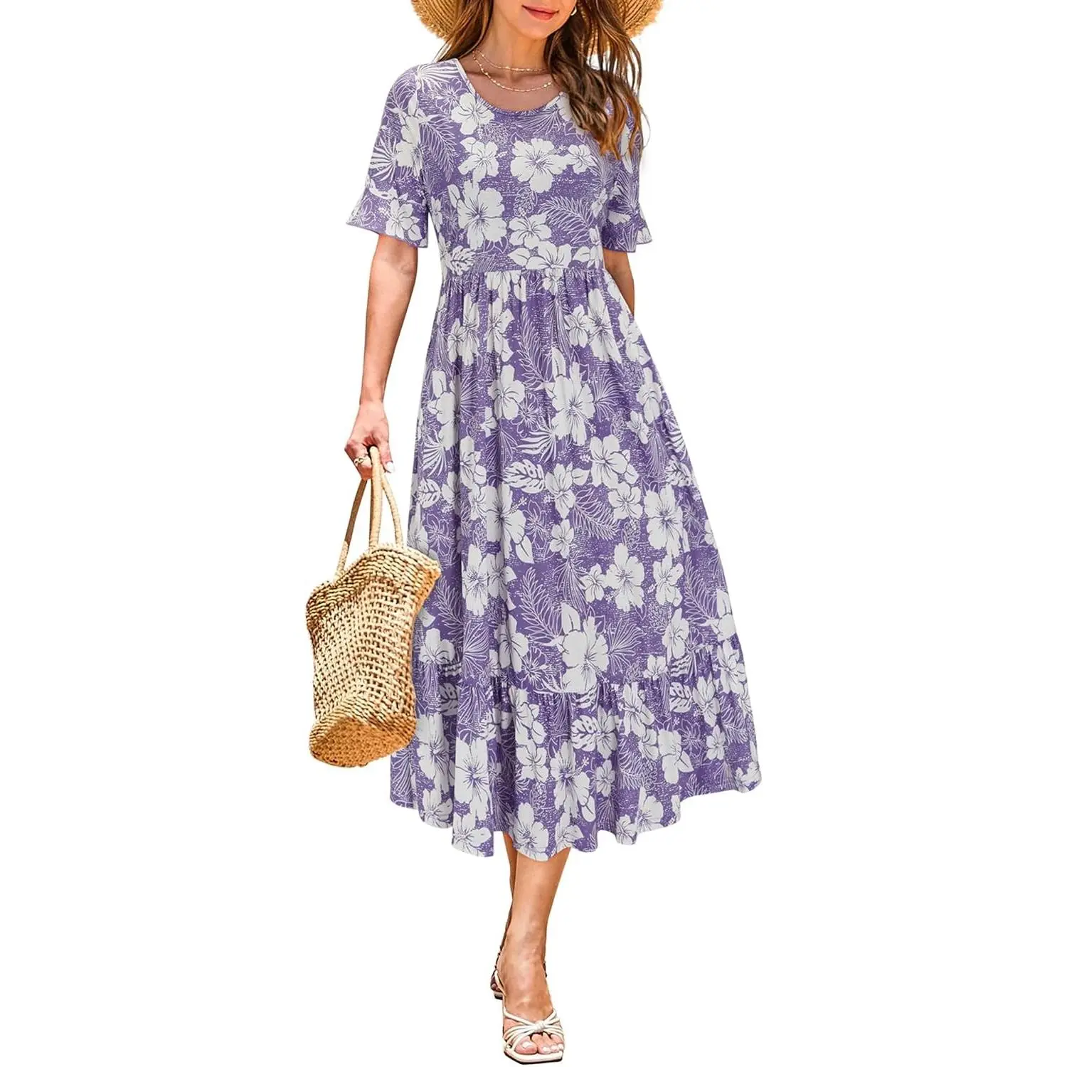 Women's Summer 2026 Casual Short Sleeve Tiered Flowy Spring Dress Long Midi Beach Sundress Vacation Outfits